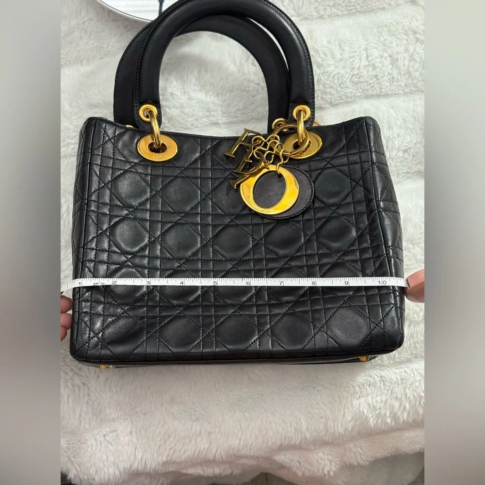 Lady Dior Medium Black Quilted Satchel with Gold Accents